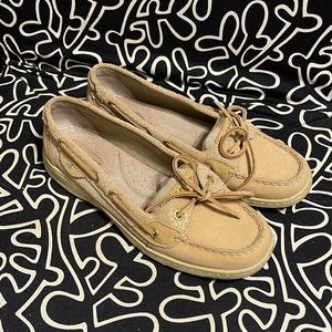 Sperry Topsiders 8m Tan Slip on Flat Sneaker Leather w Gold accent